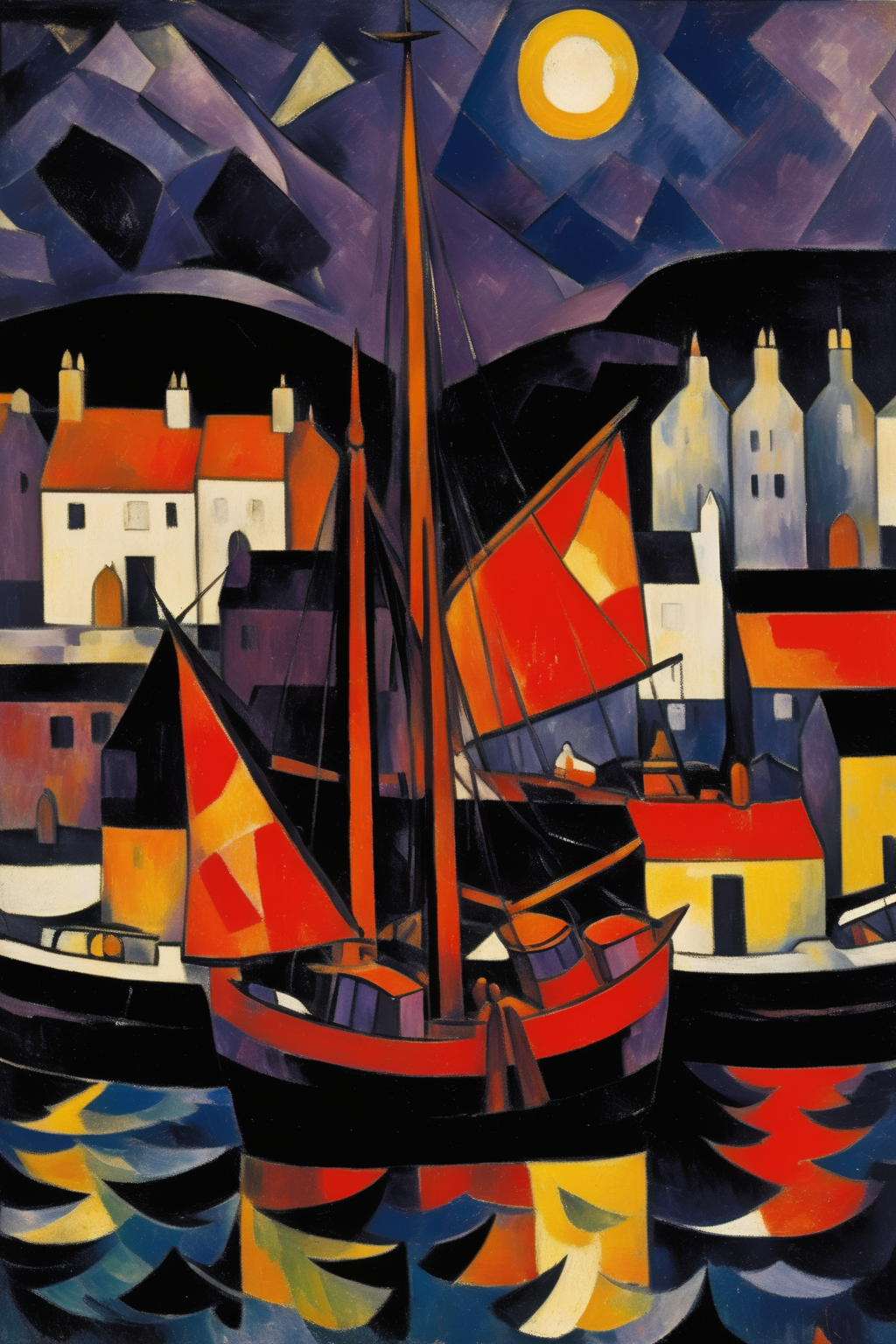 <lora:Maurice de Vlaminck Style:1>Maurice de Vlaminck Style - 102637. A painting by Georges Braque. A painting of Mallaig Harbour at night captures the enigmatic beauty and bustling activity of this Scottish harbor on the west coast through an engaging fusion of Cubist and Fauvist styles. The lively waterfront, lined with fishing boats and illuminated by the soft glow of harbor lights, is depicted using bold, fragmented shapes, while the surrounding hills and dark sea are rendered in deep hues of blue, purple, and black. The scene conveys a sense of maritime industry and coastal charm, reflecting the essence of Mallaig Harbour at night.