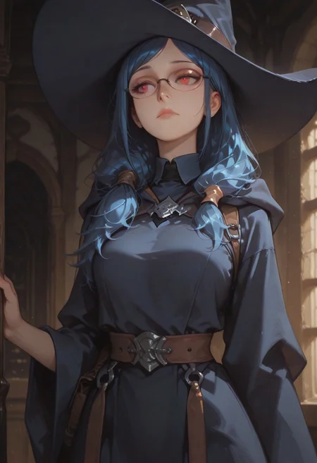 masterpiece, perfect face, beautiful face,1girl, korean girl, ursula callistis, blue hair, long hair, side ponytail, red eyes, glasses or opaque glasses, witch hat, witch, wide sleeves, dress,