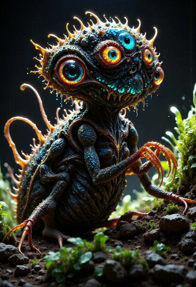 Envision a bizarre and whimsical monster, an uncanny blend of a cat and a praying mantis. Its body combines the sleek, agile form of a cat with the segmented, chitinous texture of a mantis, featuring six limbs. The two front limbs assume the typical praying posture of a mantis. Adorned with bioluminescent spots that cast an eerie glow, it presents an enchanting yet unsettling appearance. It possesses sleek, cat-like limbs that enable unexpectedly agile movements and large, luminous eyes filled with curiosity. This extraordinary creature roams an environment filled with dense, lush foliage, where tall grasses and wildflowers sway gently in the breeze. The vibrant greens and rich earth tones of this habitat provide both camouflage and a stage for this creature’s intriguing displays, embodying the strange beauty of undiscovered biodiversity with its intriguingly alien appearance.
