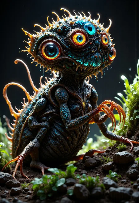 Envision a bizarre and whimsical monster, an uncanny blend of a cat and a praying mantis. Its body combines the sleek, agile form of a cat with the segmented, chitinous texture of a mantis, featuring six limbs. The two front limbs assume the typical praying posture of a mantis. Adorned with bioluminescent spots that cast an eerie glow, it presents an enchanting yet unsettling appearance. It possesses sleek, cat-like limbs that enable unexpectedly agile movements and large, luminous eyes filled with curiosity. This extraordinary creature roams an environment filled with dense, lush foliage, where tall grasses and wildflowers sway gently in the breeze. The vibrant greens and rich earth tones of this habitat provide both camouflage and a stage for this creature’s intriguing displays, embodying the strange beauty of undiscovered biodiversity with its intriguingly alien appearance.