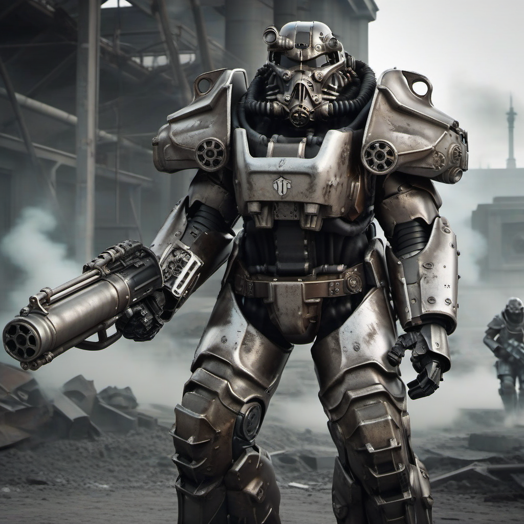 Dystopian style a futuristic armor shots a Gatling gun, Retrofuturism, war, explosions, fires, smoke <lora:Fallout1024:0.8> . Bleak, post-apocalyptic, somber, dramatic, highly detailed