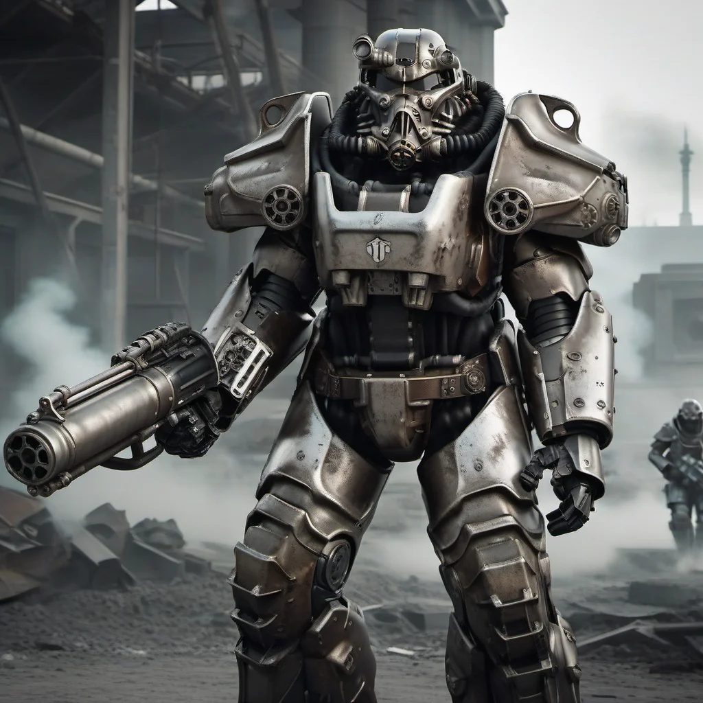 Dystopian style a futuristic armor shots a Gatling gun, Retrofuturism, war, explosions, fires, smoke <lora:Fallout1024:0.8> . Bleak, post-apocalyptic, somber, dramatic, highly detailed
