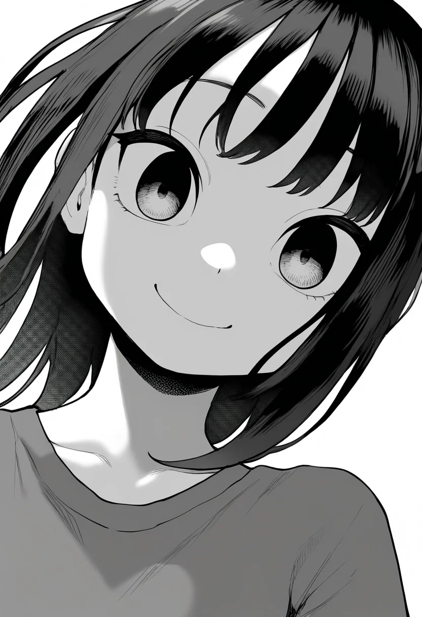 best quality, amazing quality, very aesthetic, absurdres,
greyscale, monochrome,
1girl, black hair, shirt,
smile, upper body, solo, looking at viewer, simple background, white background, <lora:PokemonAdventuresNoobLocon_byKonan:1>