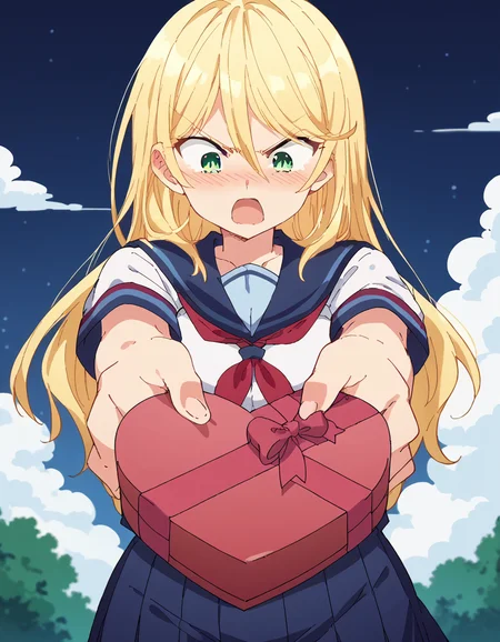 score_9, score_8_up, score_7_up, source_anime, <lora:sharon-holygrail-s1-ponyxl-lora-nochekaiser:1>, sharon holygrail, long hair, blonde hair, hair between eyes, green eyes, large breasts, anime screencap, <lora:heart-shaped-box-ponyxl-lora-nochekaiser:1>, heart-shaped box, holding, box, gift, valentine, incoming gift, closed eyes, blush, open mouth, outstretched arms, outdoors, night sky, clouds, shouting, classroom, serafuku, school uniform, white shirt, blue sailor collar, blue skirt, pleated skirt, short sleeves, neckerchief, red neckerchief,