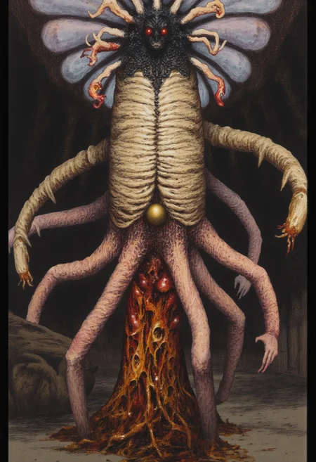b3rs3rk macro lens d4concept pov, 3D01S, simple background d4artstyle atmospheric and powerful MikeFranchinastyle dark fantasy, natural organic and first person pov of a berserk style creature in the
Tsutomu Nihei style
Biomechanical eldritch horror, 8k ultra-detailed grotesque fantasy. Towering vertical creature with writhing tentacular mass. Central cylindrical body structure with ornate bone-white chitin plates and spiraling organic patterns. Multiple serpentine appendages ending in spherical golden pods, dripping viscous fluid. Upper portion crowned with elaborate curling tendrils resembling baroque scroll work, black against cream coloring.
Body texture transitions between polished ivory carapace and soft, translucent flesh in amber and crimson hues. Anatomical fusion of cephalopod and insectoid elements. Segmented exoskeleton with exposed organic matter between plates. Multiple jointed limbs with arthropod-like articulation. Vertical orientation suggests deep sea creature adapted to land.
Ethereal lighting emphasizing organic-mechanical fusion. Environment suggests ancient ruins or forgotten temple. Hyper-detailed texturing on both hard and soft tissue. Style merges biological horror with classical architectural elements.
UHD letterboxed game trailer frame chromatic aberration dark atmosphere sharp masterpiece with a focus on the character, elden ring style, dark atmosphere, chromatic aberration
