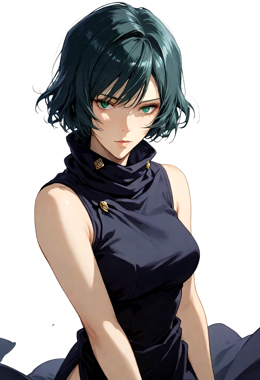 1girl, zenin mai, black hair, green eyes, black dress, sleeveless dress, turtleneck, side slit, thigh strap, bare shoulders, simple background:1.2, white background,
