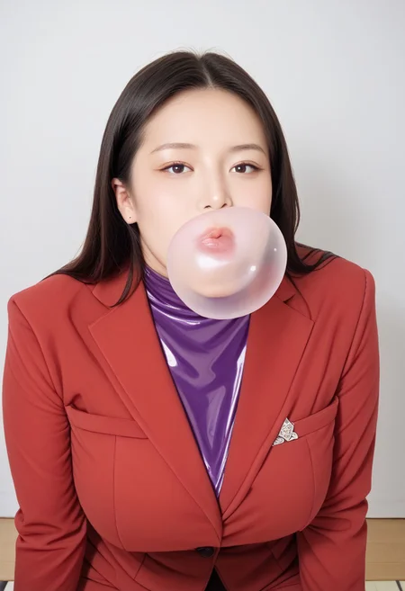 white skin, photo of an 22-year-old Korean idol,masterpiece, best quality,smiling, realistic,score_9, score_8_up, score_7_up, full body shot, semi realistic,forehead, shot,black hair,mature asian,milf, 
1girl, female, huge breasts, thick thighs, wide hips, horny, lips, korean_race_queenv2,gini_S2,Realisian-Neg, (yellow and black checkerboard skirt),(stiped yellow and red suit), (dark-purple latex shirt),pantyhose, parted bangs,manhwa milf, queen bee ami, lips (blowing clear large bubblegum)