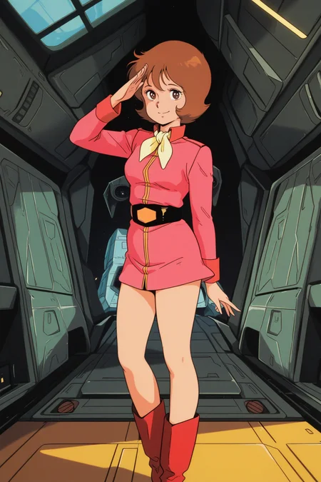 masterpiece, best quality, amazing quality, absurdres, frawbow79, brown hair, solo, smile, salute, looking at viewer, standing, pink military uniform, yellow ascot, bare legs, red boots, medium breasts, indoors, spacecraft, science fiction, retro artstyle
