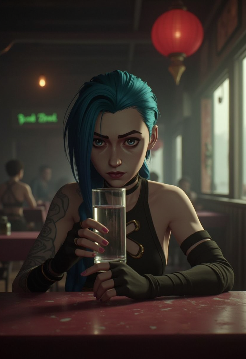 a realistic shot in turkish restaurant, first person look, detailed background, The restaurant is half full, ultra realistic, in front of the camera jinx sit table, jinx drink water