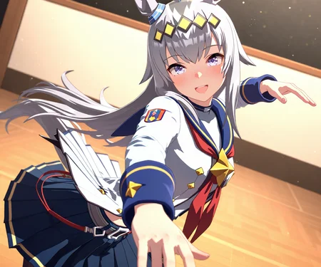masterpiece, best quality, amazing quality, , 1girl, solo, looking at viewer, dancing, smile, open mouth, <lora:Oguri Cap in game style 3D ILL-v2:1> ummsmingame, 3d, oguri cap \(umamusume\),