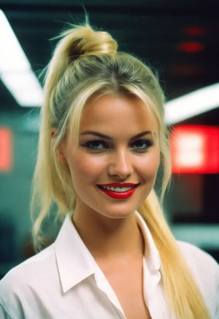 CinematicPortrait woman (analog photo) blonde (smile slavic ) ponytail masterpiece indoors, (glossy dark lipstick), grey eyes, (neon lights office), (soft focus, depth of field, film grain), (((looking at viewer))) <lora:CinematicPortraitXL_v3:0.25> <lora:EuroBabe-v4-XL:0.35>