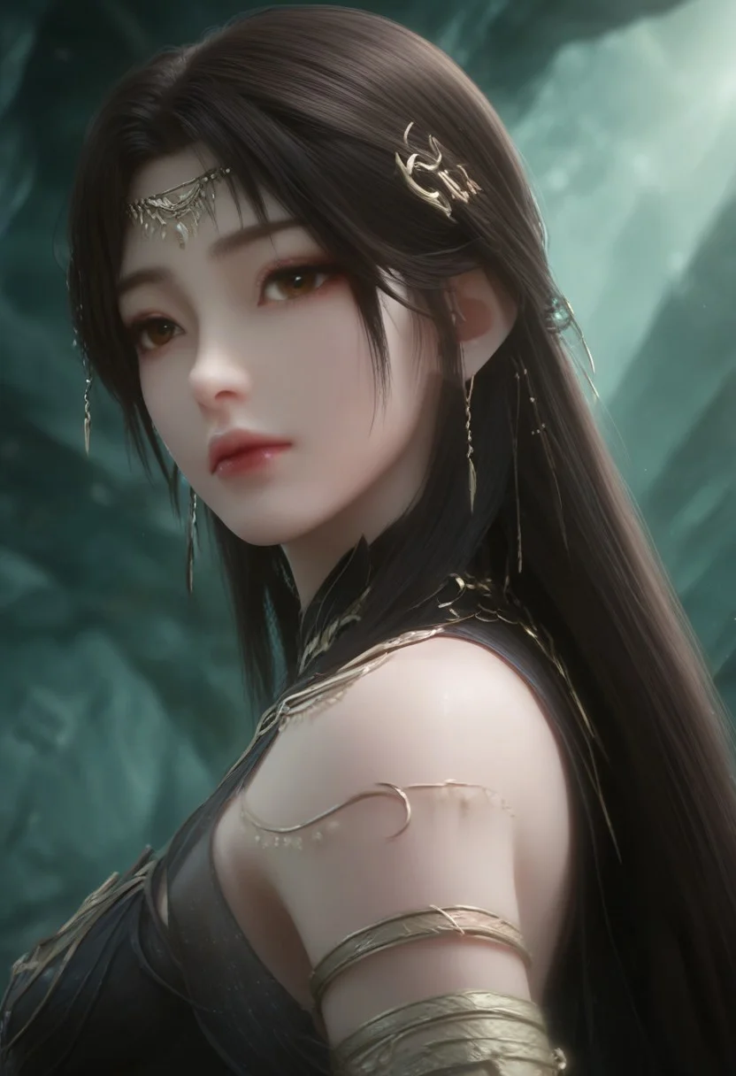 huolinger, dark brown long hair, black_dress, Aesthetic body, golden ratio body, long leg, thin waist, perfect butt, medium breasts, moaning, seductive face, wide view pov, (Ultra Realistic:1.0),32k,(Masterpiece:1.0),(High Detailed Skin:1.0),( High Quality:1.0), (Detailed Realistic Background:1.3), (Official Art, Beautiful and Aesthetic:1.2), (Realistic Lighting:1.0), (score_9, score_8_up, score_7_up, high detailed, high quality, masterpiece, no text, quality highlights, 8k detail, detailed background, source_anime, dynamic view, hentai, ultra-detailed, BREAK 1girl, (((solo))), female focus, expressiveh, (((warm skin))), (((dark brown hair))), (((large tie hair))), bangs, (light brown eyes), (big eyes), gorgeous girl, beautiful eyes, (ultra detailed face), (closed mouth), thick lips, ((incredibly sexy)), ((necklace)), (jewelry), (armlets), bracelets, big earrings, (medium breast), (big butt), (), (sexy thighs), (pelvic curtain), (focus on face), (eyes wide), (looking at viewer), sexy pose, (close-up), (upper body), focus on face, BREAK dark abstract background, sunlight,  (SkinHairDetail:0.95)