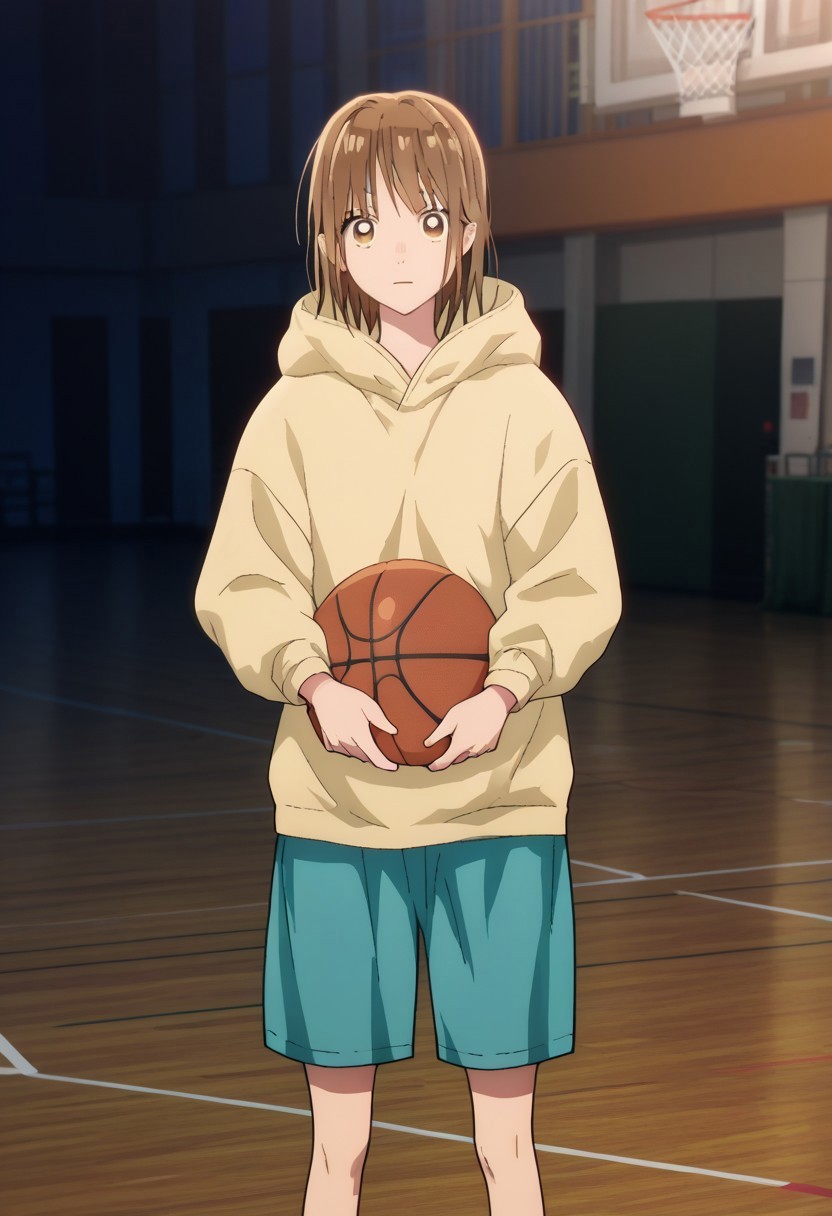 score_9, score_7_up, source_anime, 

chinatsu, 1girl, solo, brown eyes, brown hair, bangs, hoodie, hood, yellow hoodie, shorts, blue shorts, holding, holding basketball,

indoor
