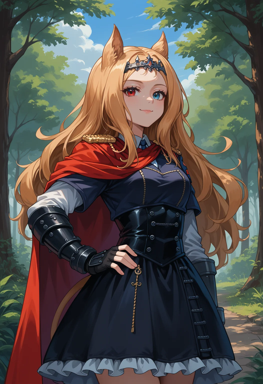 score_9, score_8_up, source_anime, 1girl, solo, ArchettoDefault, heterochromia, blonde hair, long hair, animal ears, lion tail, circlet, black dress, armored dress, red cape, shoulder cape, epaulettes, vambraces, black gloves, partially fingerless gloves, black corset, frills, thigh strap, hand on hip, smile, smug, looking at viewer, outdoors, forest, <lora:ChamArchettoPonyXL:1>