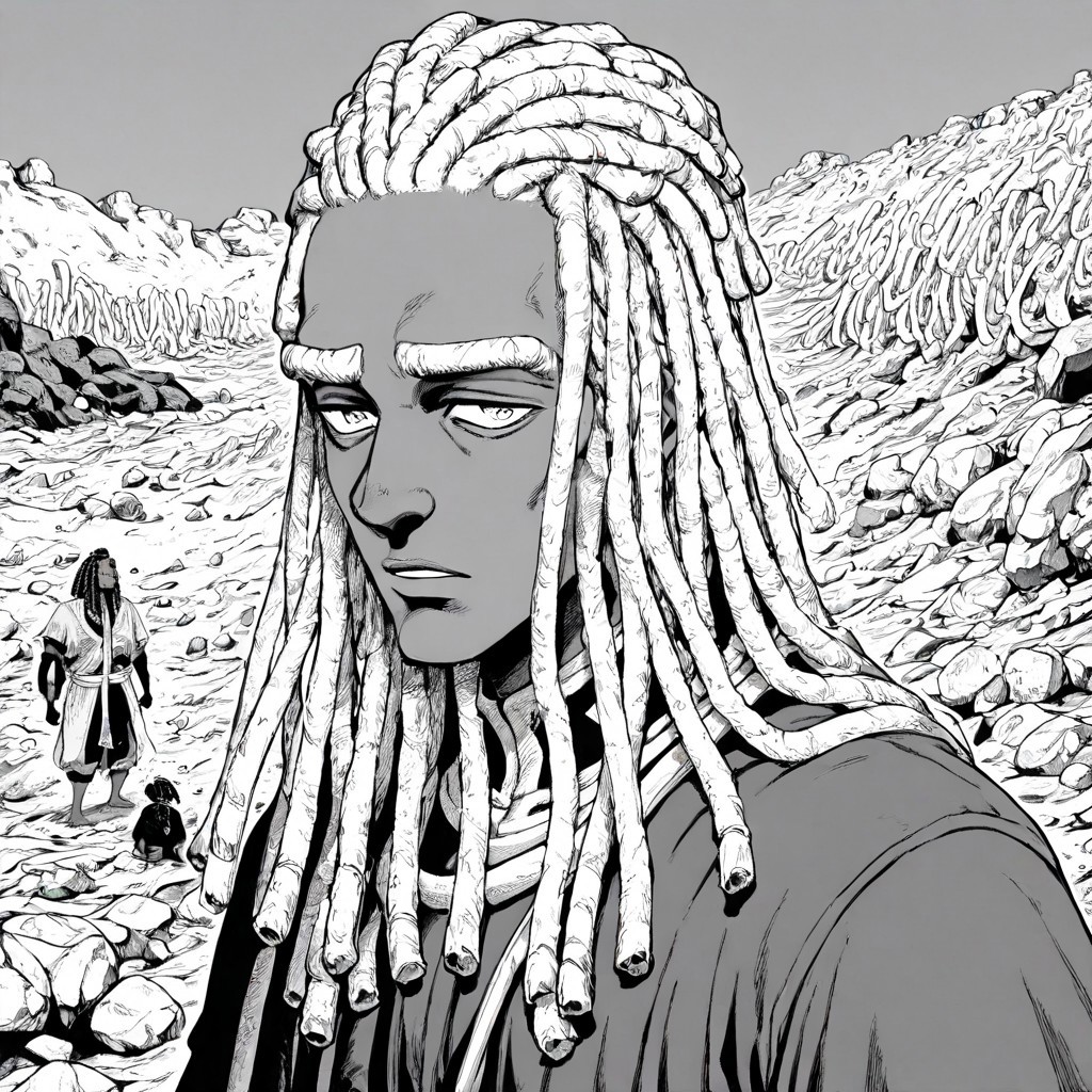 masterpiece, best quality, newest, absurdres, highres, EMPILV1.0, manga, monochrome, greyscale, 
1boy, dark skin, dark-skinned male, dredlocks, white dreadlocks, african, african male,
