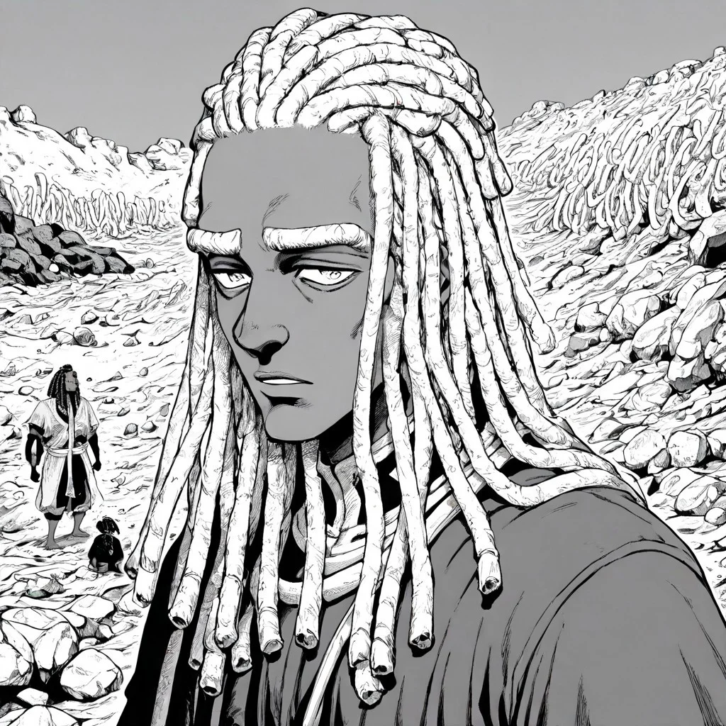 masterpiece, best quality, newest, absurdres, highres, EMPILV1.0, manga, monochrome, greyscale, 
1boy, dark skin, dark-skinned male, dredlocks, white dreadlocks, african, african male,