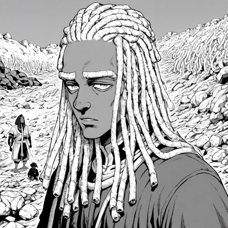 masterpiece, best quality, newest, absurdres, highres, EMPILV1.0, manga, monochrome, greyscale,
1boy, dark skin, dark-skinned male, dredlocks, white dreadlocks, african, african male,