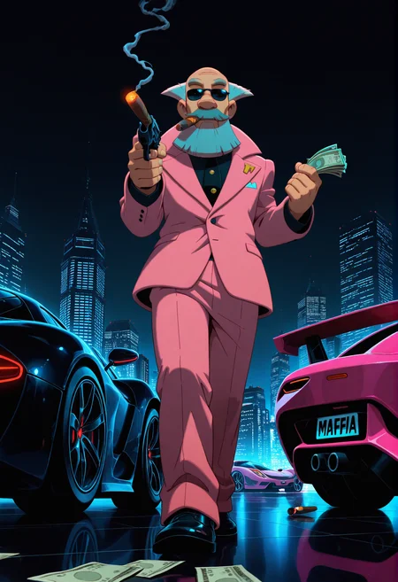 anime artwork cityscape shot with concept art (masterpiece), (best quality), (ultra-detailed),masterpiece, best quality, good quality, newest, highres, absurdres, volumetric lighting,gradient color, uncensored, BREAK raytracing, volumetric lighting, ambient occlusion, girl, background, masterpiece, best quality, very awa, absurdres,
<lora:NOOB_vp1_detailer_by_volnovik_v1:1.5>
<lora:tihon:1> tihon, 1boy, male focus, facial hair, mustache, blue eys, beard, grey hair, old, bald, closed mouth, solo, looking at viewer, black sunglasses,
<lora:cfg_scale_boost:0.8> dark theme, battle field, war, blood, pink jacket,pink business suit,
<lora:dark_v1.9-pony:0.2> dark theme, neon hair, (mafia:1.2), money on the floor, sports cars, gun in hand, cigar, smoking a cigar, low angle, . digital artwork, illustrative, painterly, matte painting, highly detailed. Urban, skyline, architectural, dynamic . anime style, vibrant, studio anime, highly detailed