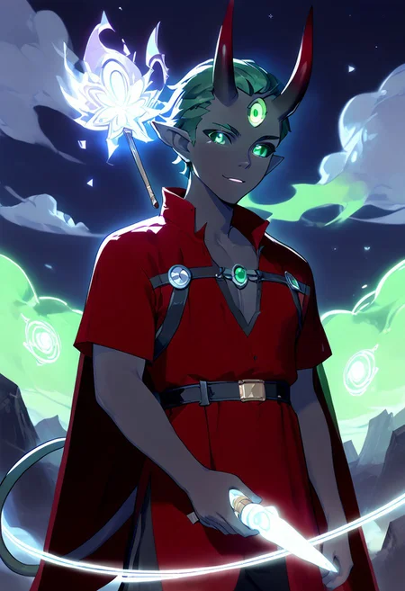 score_9, score_8_up, score_7_up, cyb3rn0va, te'kharoth, third eye, tail, horns, 1boy, sorcerer, green eyes, red tunic, magical circle, mystical aura, ethereal fog, outdoors, night, clouds, holding, wand, glowing,