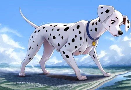 score_9, score_8_up, score_7_up, detailed face, best quality, 1girl, solo, masterpiece, detailed background, beautiful, detailed eyes, mature female, giantess, macro
side view, lien,
1girl, solo,furry female, furry female, feral,perdita101,Dalmatian,Dog, dog girl, dalmatian, white and black fur, black spots, long ears, dog ears, black eyes, chubby, on fours,colossal, face focus, ((full body view)),
standing, seductive pose, light smile, narrowed eyes, smiling, expansion, tight,
long river, skyline, cityscape, destroyed cityscape, earthquake, steam, fog, craters