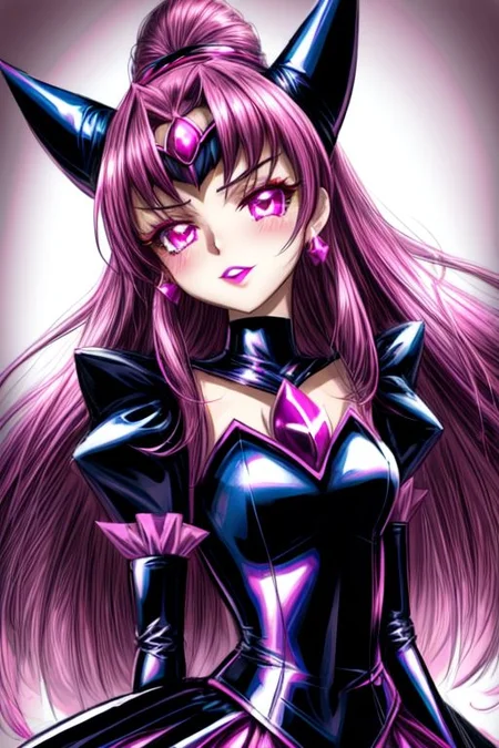 evil corrupted young princess wearing dark pastel (ruffled:1) (gleaming latex:1) EvlSM DarkPrecure Bad_End_Precure gown with (long latex cape:1) and latex elbow bridal gauntlets, (Perfect Face:1), soft lighting, glossy red lips, ruffles,