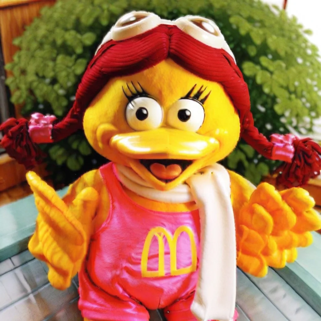 m symbol on chest, black eyes, talen feet, 3D, red pigtails hair, yellow bird, white scarf, goggles on top of head, yellow beak, pink romper, feather hands, Birdy, female anthro