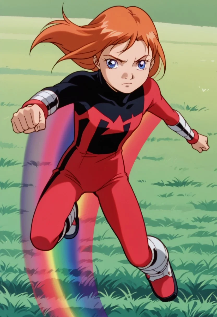 score_8, score_8_up, score_7_up, AWGXS, anime screenshot, retro artstyle,1990s (style), cel animation BREAK 1girl, female focus, solo, Julie_PP, red hair, long hair, blue eyes, flat chest, Power Pack uniform, asymmetrical clothes, LS_logo, print bodysuit, red bodysuit, black bodysuit, bracers, metal bracers, metal boots, knee boots, flying, midair, rainbow, arms at side, clenched hand, outdoors, grass plains