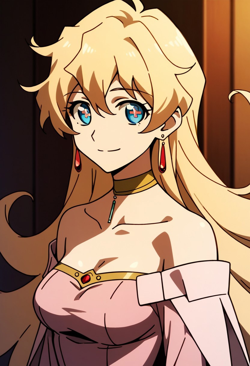 score_9,score_8_up,score_7_up,source_anime, Nia Teppelin (Timeskip),1girl,solo,breasts,looking at viewer,smile,blue eyes,blonde hair,dress,jewelry,bare shoulders,very long hair,collarbone,upper body,earrings,choker,symbol-shaped pupils,pink dress,cross-shaped pupils,