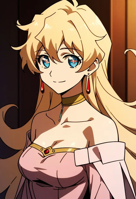 score_9,score_8_up,score_7_up,source_anime, Nia Teppelin (Timeskip),1girl,solo,breasts,looking at viewer,smile,blue eyes,blonde hair,dress,jewelry,bare shoulders,very long hair,collarbone,upper body,earrings,choker,symbol-shaped pupils,pink dress,cross-shaped pupils,