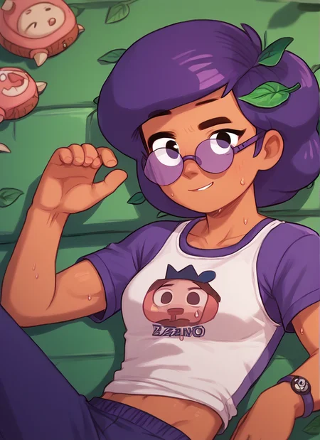 score_9, score_8_up, score_7_up, <lora:bsrosa:1>bsrosa , 1girl, purple hair, leaf hair ornament, dark skin ,looking at viewer, sweat, breast , glasses, boring , lying lazily on the couch, shirt, pants , light smile, <lora:PossumMachine:1>posmach , medium hair,