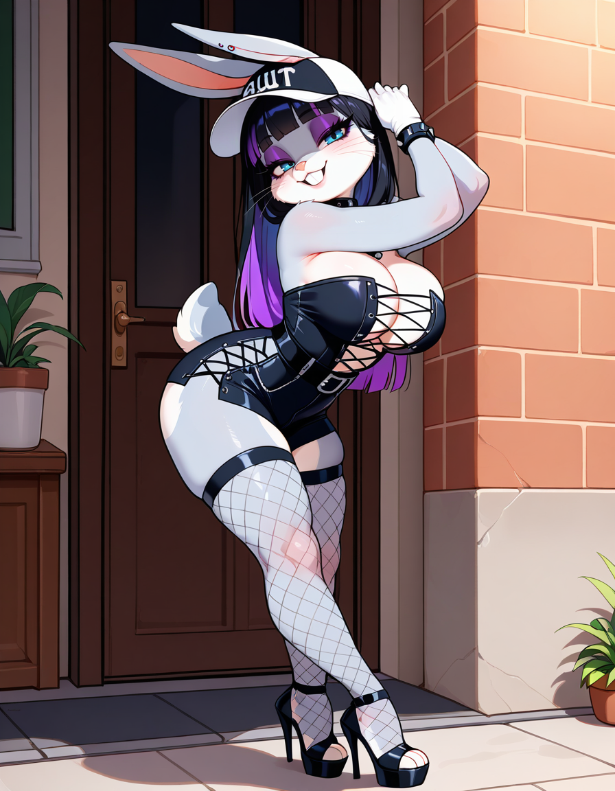 masterpiece, best quality, very aesthetic, absurdres,
outdoors, goth fashion, 
full body, posing, standing, 
seductive smile, parted lips, long eyelashes,
<lora:Goth_Bugs_Bunny_v01_NAIXL:1>
G07h88,1girl,solo,furry,furry female,rabbit girl,rabbit ears,long hair,multicolored hair,black hair,purple hair,blunt bangs,rabbit ears,piercing,blue eyes,makeup,eyeshadow,snout,animal nose,whiskers,buck teeth,collar,body fur,two-tone fur,grey fur,white fur,rabbit tail,
baseball cap,large breasts,fishnets,high heels,