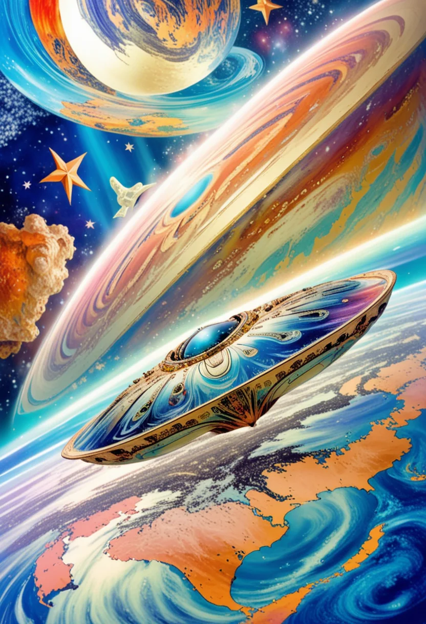 <lora:psychedelic_dream_sdxl_v1:1.0>, psychedelic_dream, a space ship floating in the middle of the earth, with the earth in the background and a bright blue star in the sky, Maintain identical subject placement, camera angle, framing, and perspective. Using this elegant style, maintaining the same refined quality and soft color tones, cinematic lighting, award winning, Realistic, HDR, remove text