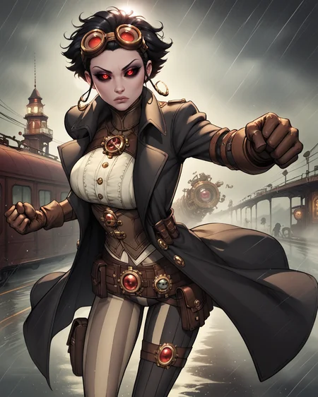 score_9, score_8_up, score_7_up,score_6_up, score_5_up, score_4_up , 1girl solo,
large breasts,
LadyM_DG,
black sclera, red eyes, black hair, short hair,eyeshadow,
asymmetrical legwear, gloves, belt,belt pouch, steampunk,striped pants, black pants, goggles on head, trench coat, black coat,
black coat, wind,
fog, rain,
fighting stance, battle, clenched hands, midair,
half-closed eyes, glowing eyes, looking at viewer,
<lora:Lady Mechanika (PonyXL) v01-000003:0.90>