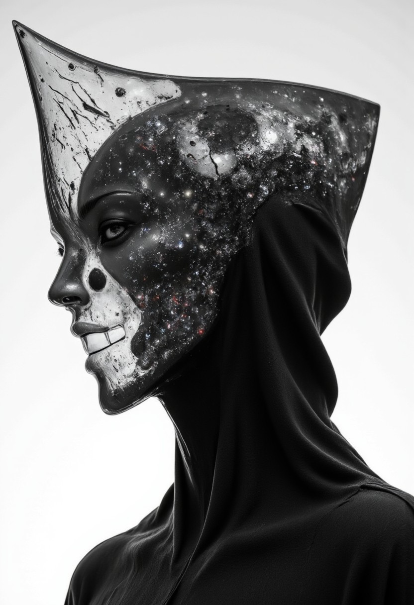 A rootform celestial, ethereal portrait of an infinite godlike oak tree being. Its head is a vast, translucent expanse, revealing swirling galaxies, cosmic storms, and nebulae endlessly shifting within. A dark, sleek robe, adorned with intricate, ancient glyphs of unknown origin, drapes over its form, merging technology with divinity. The face is an abyss—an unfathomable void filled with the luminous dance of stars and time itself. The cosmic background extends infinitely, woven with nebulae and stardust, suggesting the deity's boundless presence. Dramatic lighting emanates from the being’s core, casting radiant highlights across its crystalline essence. The mood is transcendent, awe-inspiring, evoking the silent majesty of an omniscient force. A surreal fusion of sci-fi and divine mysticism, with high contrast and deep shadows. The perspective, slightly below, reinforces its overwhelming presence. The being exists beyond time, beyond space—an eternal watcher, gazing through the infinite fabric of existence. nistyle, monochrome Manga Sketch, extreme pointed hood Closeup, a dark ethereal ghosts black hood, Killing Gaze smile, eerie, eyes Shrouded in darkness, hyperdetailed manga sketch style, with bleached vibrant red color Highlights, grey, and white color grading. Translucent orange Backdrop with Glitch effects in another contrast application