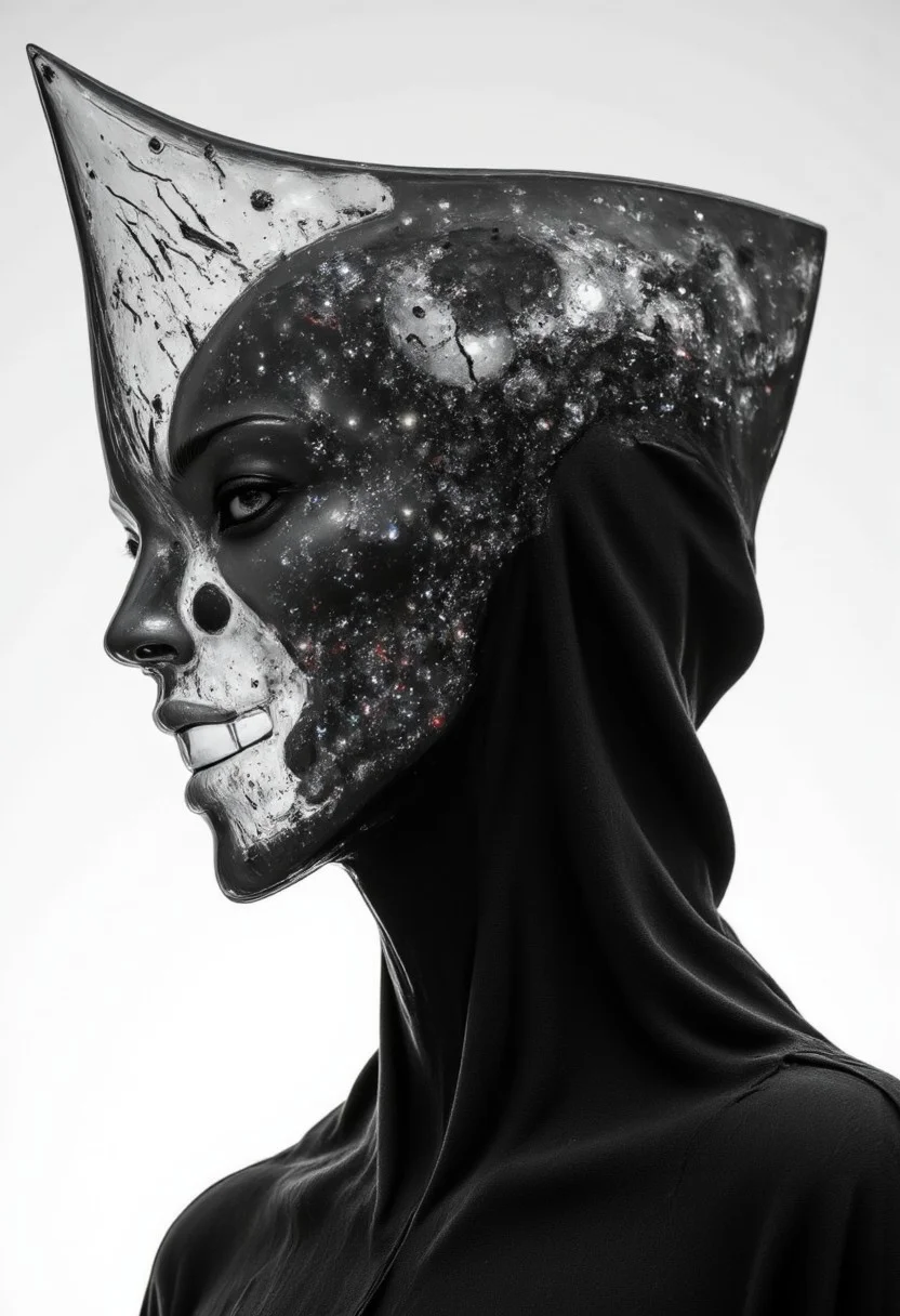 A rootform celestial, ethereal portrait of an infinite godlike oak tree being. Its head is a vast, translucent expanse, revealing swirling galaxies, cosmic storms, and nebulae endlessly shifting within. A dark, sleek robe, adorned with intricate, ancient glyphs of unknown origin, drapes over its form, merging technology with divinity. The face is an abyss—an unfathomable void filled with the luminous dance of stars and time itself. The cosmic background extends infinitely, woven with nebulae and stardust, suggesting the deity's boundless presence. Dramatic lighting emanates from the being’s core, casting radiant highlights across its crystalline essence. The mood is transcendent, awe-inspiring, evoking the silent majesty of an omniscient force. A surreal fusion of sci-fi and divine mysticism, with high contrast and deep shadows. The perspective, slightly below, reinforces its overwhelming presence. The being exists beyond time, beyond space—an eternal watcher, gazing through the infinite fabric of existence. nistyle, monochrome Manga Sketch, extreme pointed hood Closeup, a dark ethereal ghosts black hood, Killing Gaze smile, eerie, eyes Shrouded in darkness, hyperdetailed manga sketch style, with bleached vibrant red color Highlights, grey, and white color grading. Translucent orange Backdrop with Glitch effects in another contrast application