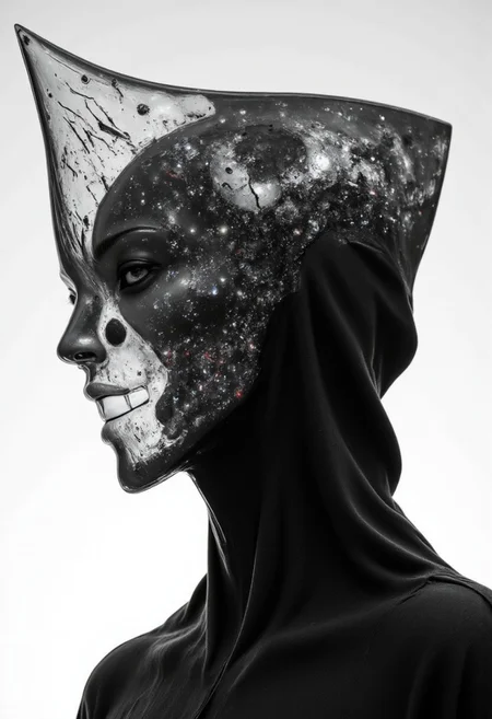 A rootform celestial, ethereal portrait of an infinite godlike oak tree being. Its head is a vast, translucent expanse, revealing swirling galaxies, cosmic storms, and nebulae endlessly shifting within. A dark, sleek robe, adorned with intricate, ancient glyphs of unknown origin, drapes over its form, merging technology with divinity. The face is an abyss—an unfathomable void filled with the luminous dance of stars and time itself. The cosmic background extends infinitely, woven with nebulae and stardust, suggesting the deity's boundless presence. Dramatic lighting emanates from the being’s core, casting radiant highlights across its crystalline essence. The mood is transcendent, awe-inspiring, evoking the silent majesty of an omniscient force. A surreal fusion of sci-fi and divine mysticism, with high contrast and deep shadows. The perspective, slightly below, reinforces its overwhelming presence. The being exists beyond time, beyond space—an eternal watcher, gazing through the infinite fabric of existence. nistyle, monochrome Manga Sketch, extreme pointed hood Closeup, a dark ethereal ghosts black hood, Killing Gaze smile, eerie, eyes Shrouded in darkness, hyperdetailed manga sketch style, with bleached vibrant red color Highlights, grey, and white color grading. Translucent orange Backdrop with Glitch effects in another contrast application