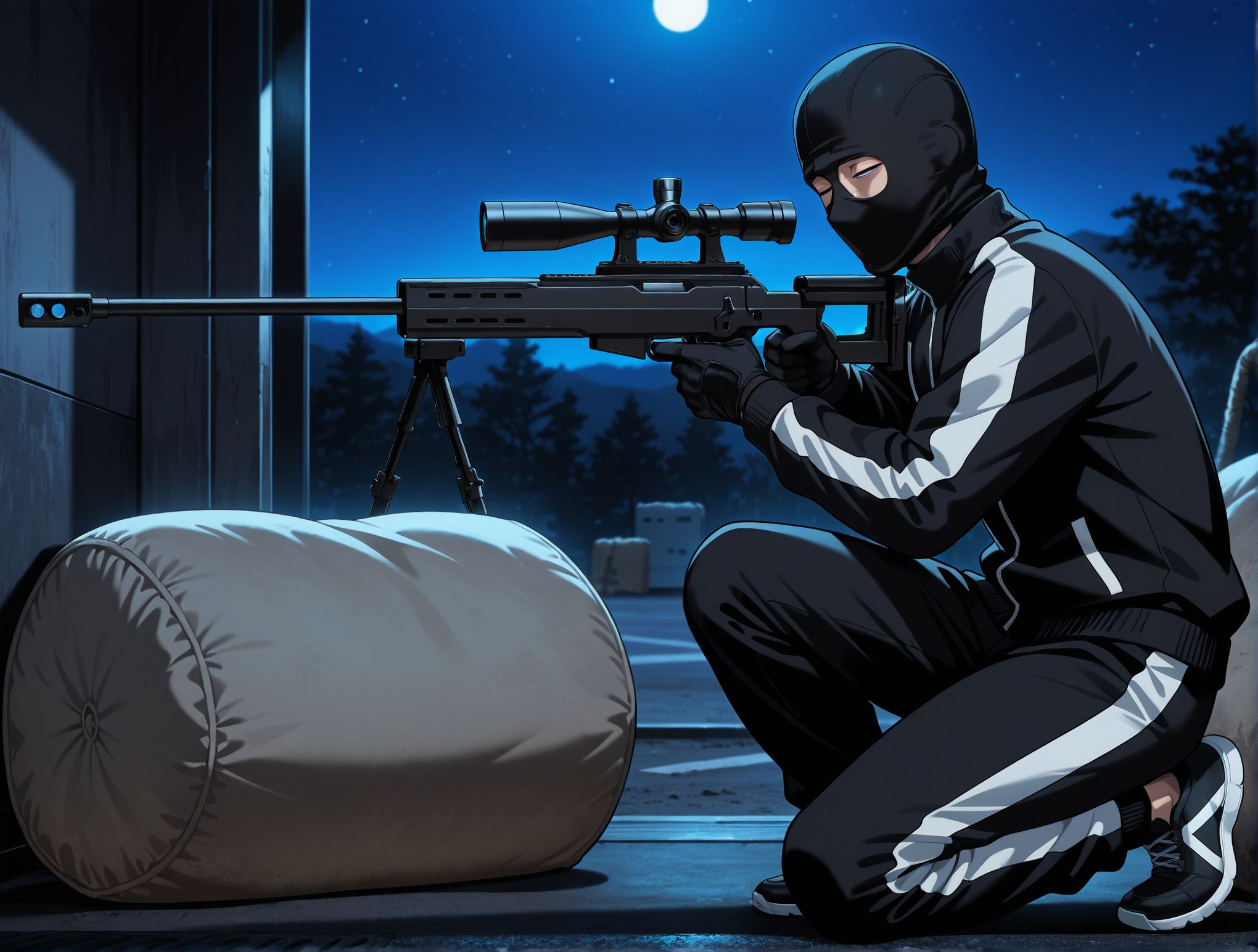 masterpiece,best quality,amazing quality,very aesthetic,absurdres,newest, huge filesize,
<lora:spo_sdxl_10ep_4k-data_lora_webui:0.5>,
 holding gun, sniper rifle, science fiction,from side,  solo focus, solo, one eye closed, half-closed eyes,  sandbag,
night,aiming in a crouched position,Kneeling on one knee,
Aiming from behind a sandbag cover,
<lora:the_fable__satou_akira__satou_youko__misaki__ebina_._kojima:0.8>,
1boy, 1man, black  Track jacket, black sneaker,neck,full black clothes,
f_akira, black Balaclava, pro killer,