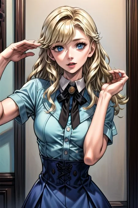 masterpiece, high res, detailed face, detailed eyes, anime screencap, 1 girl, scared, running, blonde, long hair, blue eyes, brown jacket, blue skirt, upper body, dark mansion, indoors, full body, mansion, upper body, White skin <lora:Julie:1>, highres,sharp focus,(ultra detailed,extremely detailed),(((vibrant colors,vibrant theme))),(intricate),(masterpiece),(best quality), ng_deepnegative_v1_75t, easynegative