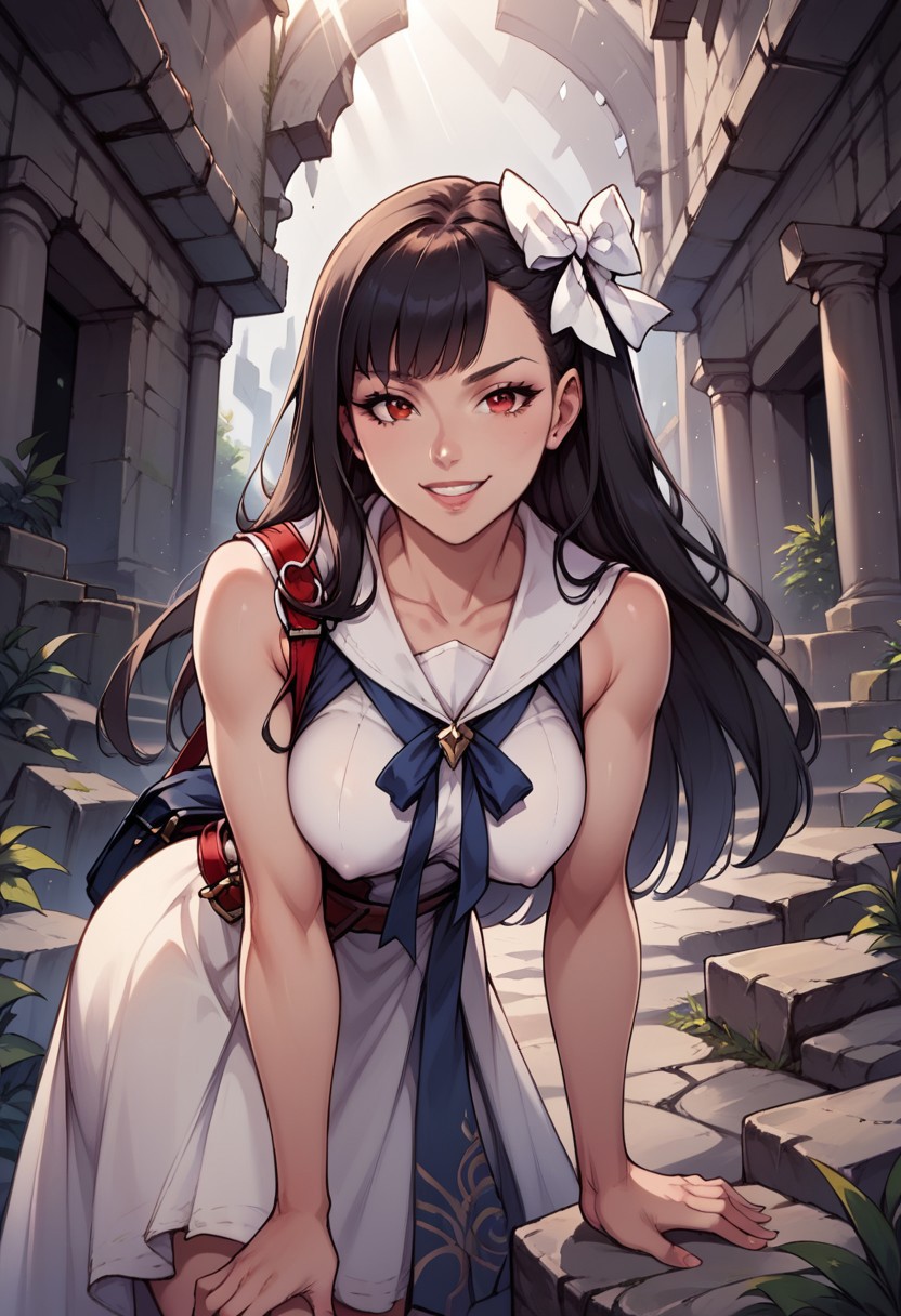 LouiseNR, 1girl, solo, black hair, long hair, bangs, red eyes, white bow, hair bow, lips, pale skin, red bag, sleeveless dress, white dress, dress ornament,  white sailor collar, breast, ribbon, shoulder bag, white footwear,
seductive pose, sexy pose, tease,  in the spotlight,,
smile, ruins, leaning forward,hanging breasts,
score_9, score_8_up, score_7_up, beautiful aesthetic, very intricate, high quality details,vibrant, highly detailed, award-winning, professional,anime artwork, anime style, studio anime, athletic, curvy body, athletic girl, perky tits,large breast,perfect tits, round breasts, nipple outline,looking at viewer, pinup pose,teasing, dynamic lighting, cinematic, smug, better than you, aura of temptation, highly detailed, high resolution, masterpiece, detailed clothes, detailed background, highly detailed, ((sound effects)) comic layout,