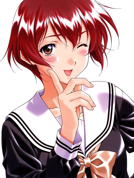 masterpiece,best quality,newest,
1girl,solo,
<lora:nanase_yuuilxl_v1.0:1>,n_yuu,short hair,red hair,brown eyes,y_clothes,black serafuku,long sleeves,
<lora:Fixhands_anime_bdsqlsz_V1:1>,looking_at_viewer,upper_body,face_focus,dynamic_angle,cinematic_angle,finger to own chin,laughing,light_blush,one eye closed,white_background,simple_background,profile,embarrass,