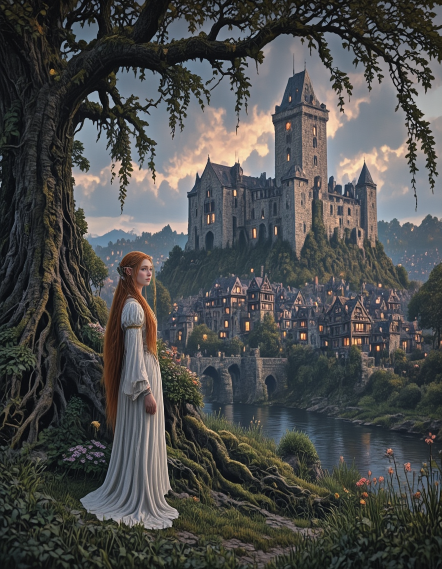 <lora:Medieval_Worlds_Special_fl:1> medieval, very detailed, river, moss, illuminated, city lights, vegetation, sunset, high castle in the background, castle bridge, high tower, high tower in the background, high castle, tower, flowers, roots, grass, elf girl, closeup, from side, under tree,, mw01out, wearing a white dress, red long hair, blue eyes, realistic photo, bokeh, white, gold, black, T2