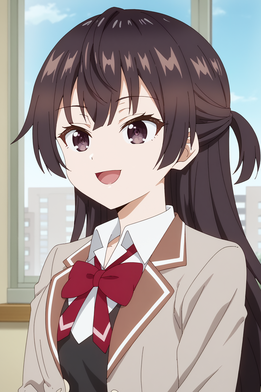 <lora:rttt:0.8> Yuki, solo, long hair, smile, open mouth, shirt, black hair, bow, jacket, school uniform, white shirt, upper body, sidelocks, :d, collared shirt, indoors, bowtie, red bow, window, blazer, portrait, red bowtie, half updo, brown jacket, grey jacket