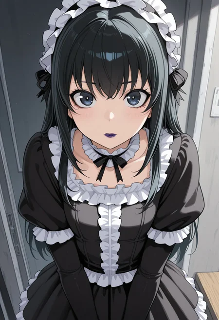 masterpiece:1, best quality:1, amazing quality:1.5, very aesthetic:1.5, absurdres:1.5, newest,
kei yuuki, yuuki kei, \(moyashimon\), black hair, dark blue eyes, goth, gothic fashion, black eyeliner, dark purple lipstick, otoko no ko, 1boy, long hair, lipstick, crossdressing, makeup,