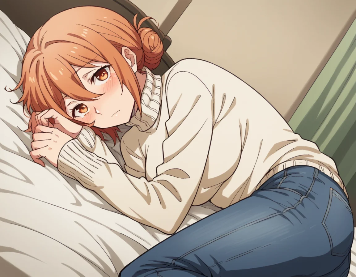 score_9, score_8_up, score_7_up, source_anime,
yuigahamama, <lora:mother-yuigahama-s2s3-ponyxl-lora-nochekaiser:1>,
yuigahamama, hair bun, mature female, orange eyes, orange hair, short hair, single hair bun, hair between eyes, sidelocks,
denim, jeans, pants, sweater, turtleneck, turtleneck sweater, white sweater,
indoors, bed, bed room, on side, blush, drunk,
looking at viewer, cowboy shot, dutch angle, solo,