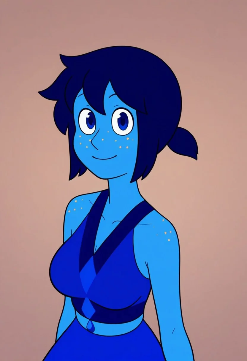 ((bedroom background)),score_9, score_8_up, score_7_up,score_6_up,
1girl, Solo, NiceLapis_SUF, azure skin, golden freckles, dark blue eyes, dark blue hair, short hair, hairstyle low ponytail, gemstone on her navel, blue top with dark blue details, long blue skirt, barefoot, tall stature, social smile, perfect eyes, perfect smile, looking at the viewer, big breasts, detailed eyes, perfect eyes, cute, standing, (front view,bust shot,close up to face,face portrait:1)