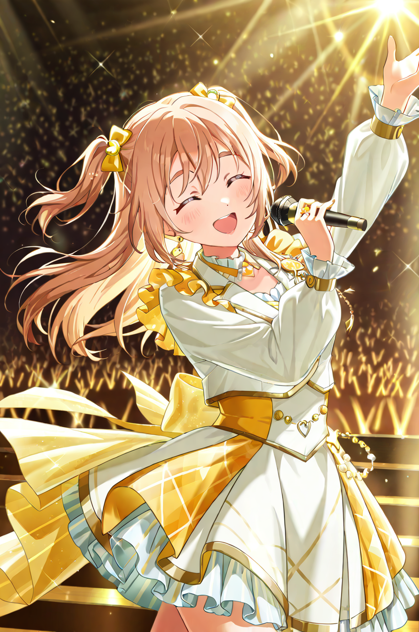 <lora:Honoka_Kosaka:1> honoka_kosaka, 1girl, smile, dancing on a big stage in a bright outfit, microphone in her right hand,