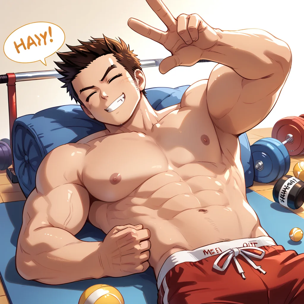 score_9, score_8_up, score_7_up, source_anime, masterpiece, best quality <lora:raeyr:1>raeyr, 1boy, oldraeyr, long sideburns hair, muscular, , from behind, Lying with one leg bent, doyagao, proud, happy, smug, ^ ^, v-shaped eyebrows, = =, closed eyes,, in the gymnasium,,