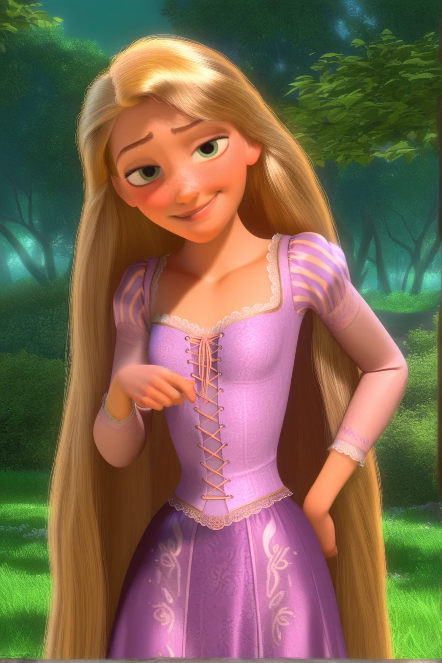 1girl, solo, newest, very long hair, blonde hair, green eyes, pov, highres, dress, seductive smile, blush, embarrassed, smug, one hand on hip, from front, centered, girl focus, outdoors, forest, (freckles:0.8), looking at viewer, cowboy shot, textured skin, (best finished, amazing quality, best quality:1.1), uncensored, (high budget, photorealistic:1.1), masterpiece, <lora:Tangled_Rapunzel (1):1>