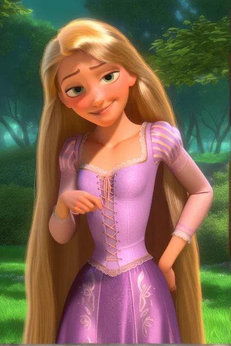1girl, solo, newest, very long hair, blonde hair, green eyes, pov, highres, dress, seductive smile, blush, embarrassed, smug, one hand on hip, from front, centered, girl focus, outdoors, forest, (freckles:0.8), looking at viewer, cowboy shot, textured skin, (best finished, amazing quality, best quality:1.1), uncensored, (high budget, photorealistic:1.1), masterpiece, <lora:Tangled_Rapunzel (1):1>