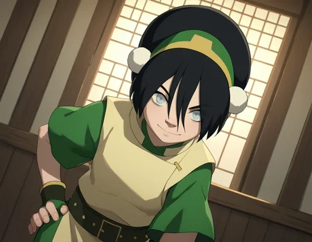 score_9, score_8_up, score_7_up, source_anime, <lora:toph-beifong-book2-ponyxl-lora-nochekaiser:1>, toph beifong, black hair, hairband, blind, grey eyes, hair between eyes, short hair,, shirt, green shirt, vest, belt, short sleeves,, indoors, bent over, smile, looking at viewer, solo, cowboy shot, dutch angle